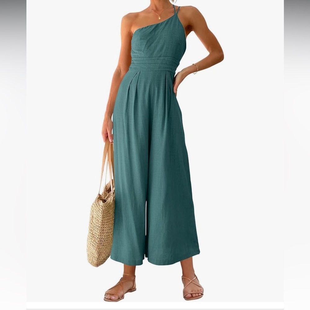 One Shoulder, Wide Leg, Linen Romper